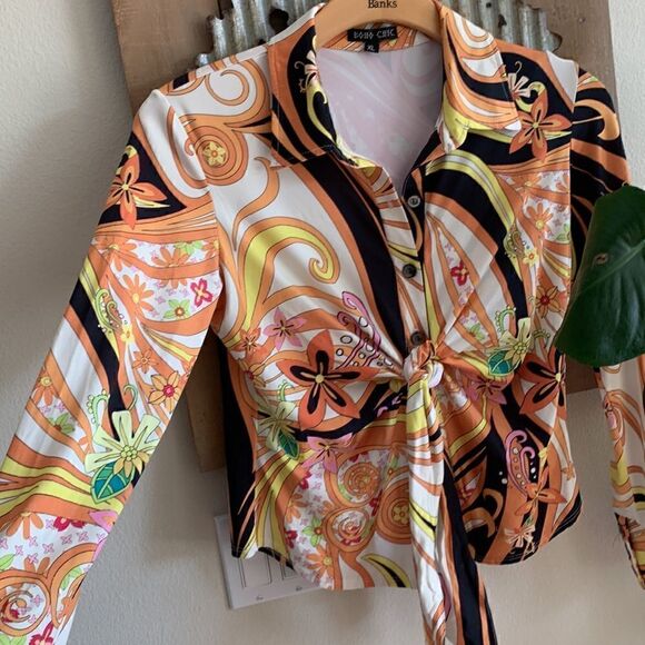 Vintage Hippie Shirt Plunging Self-Tie Soft Stretchy long sleeve top Xl - Picture 2 of 7